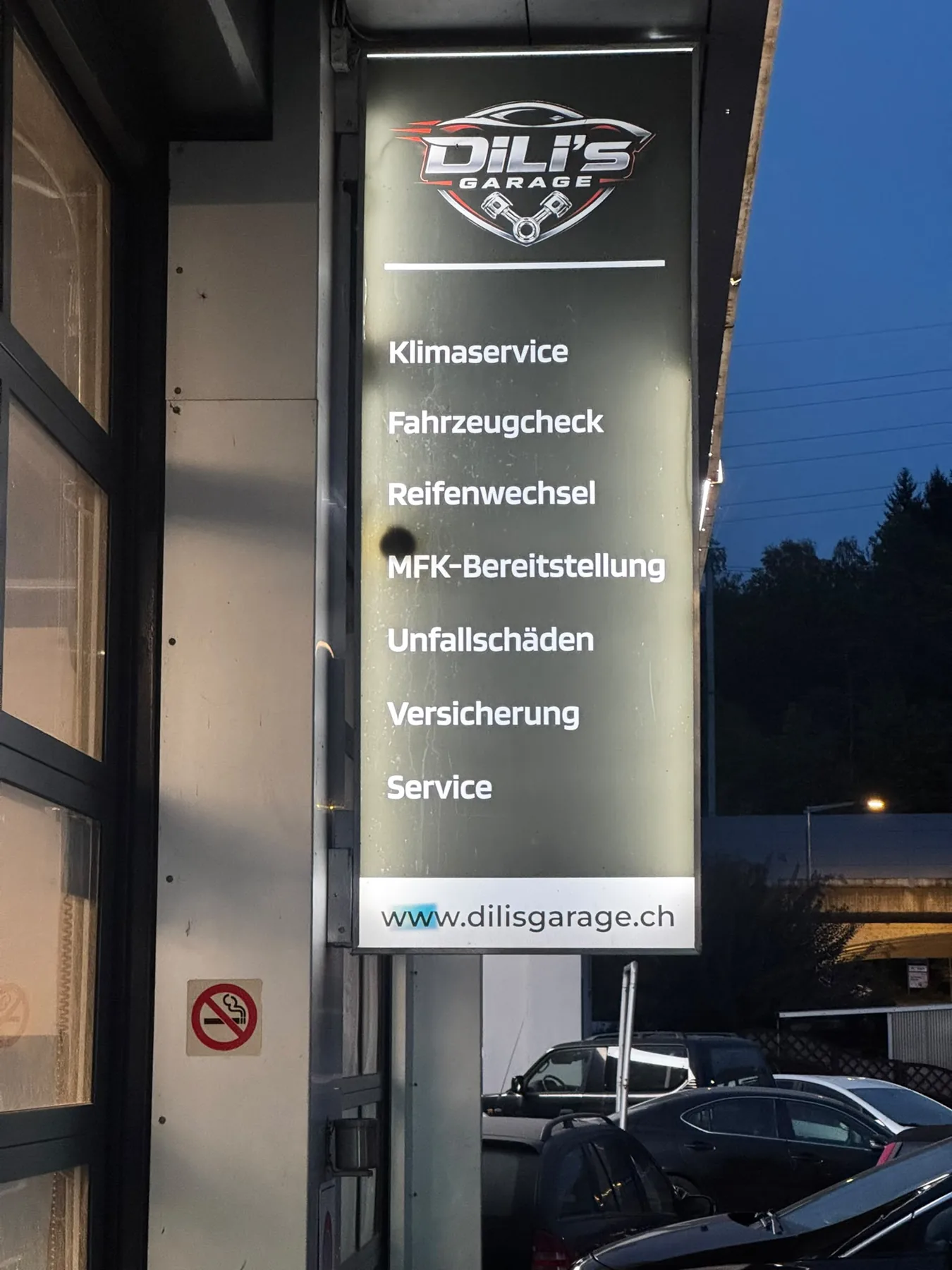 Leistungsschild von Dili’s Garage Winterthur mit Klimaservice und MFK-Bereitstellung